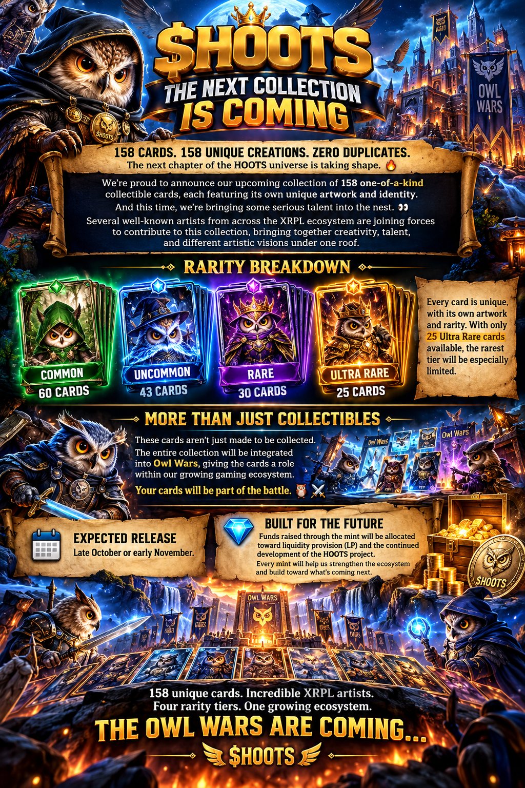 HOOTS next collection announcement featuring owl collectible cards and Owl Wars artwork